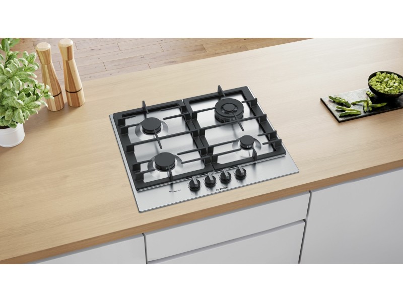 Bosch Serie 6 PCH6A5B90 hob Stainless steel Built-in 60 cm Gas 4 zone(s) PCH6A5B90 – BOSCH Котлони за вграждане