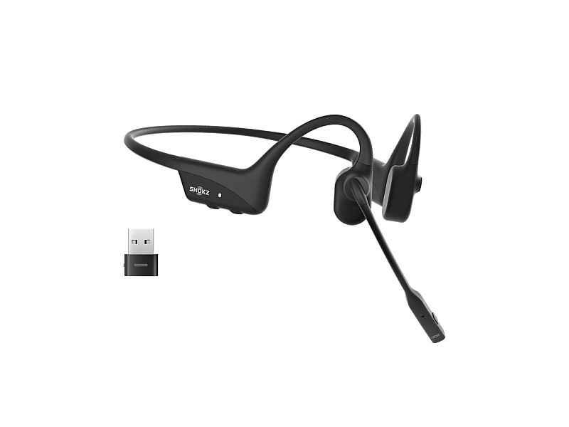 SHOKZ OpenComm2 UC 2025 Upgrade Wireless Bluetooth Bone Conduction Videoconferencing Headset with USB-C Charging Port and USB-C adapter | 16 Hr Talk Time, 29m Wireless Range, 1 Hr Charge Time | Includes Noise Cancelling Boom Mic and Dongle, Black C120-AC-