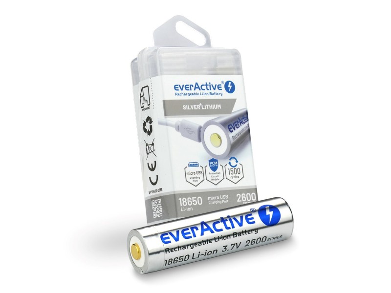 Battery everActive 18650 3.7V Li-ion 2600mAh micro USB with protection BOX EV18650-26M – everActive Батерии