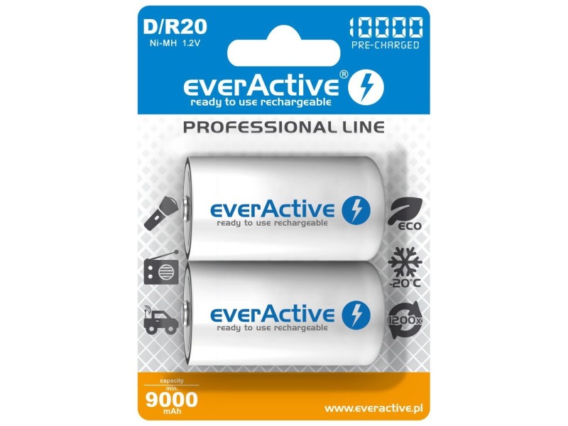 Rechargeable Batteries everActive R20/D Ni-MH 10000 mAh ready to use EVHRL20-10000 – everActive Батерии
