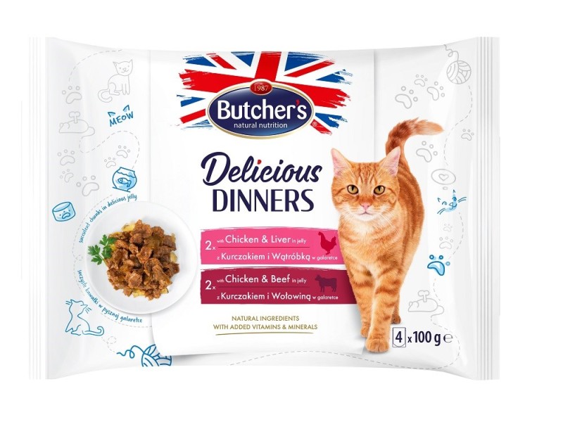 BUTCHERS Delicious Dinners Chicken with liver, Chicken with beef - wet cat food - 4 x 100g BUTCHERS Delicious Dinners Chicken with liver, Chicken with beef - wet cat food - 4 x 100g DLKBHRKAM0002 – Butchers Храна за котки