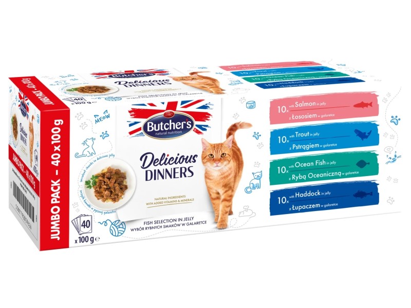 BUTCHERS Delicious Dinners Jumbo Pack Mix Fish selection in jelly - wet cat food - 40 x 100g DLKBHRKAM0009 – Butchers Храна за котки