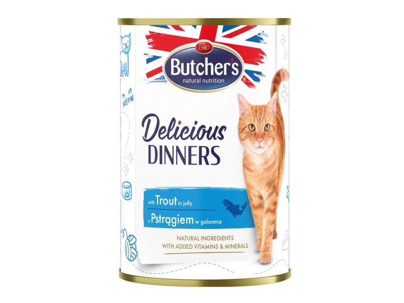 BUTCHERS Delicious Dinners Pieces with trout in jelly - wet cat food - 400g DLZBHRKMK0031 – Butchers Храна за котки