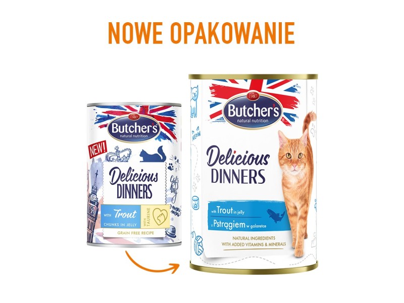 BUTCHERS Delicious Dinners Pieces with trout in jelly - wet cat food - 400g DLZBHRKMK0031 – Butchers Храна за котки