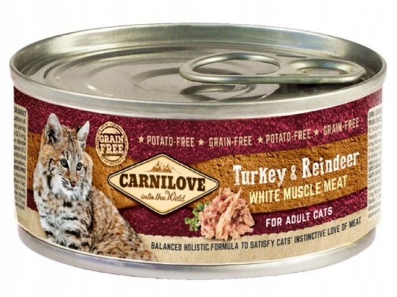 CARNILOVE Cat Turkey & Reindeer White Muscle Meat – wet food for cats – 100 g DLKCAVKAM0003 – CARNILOVE Храна за котки