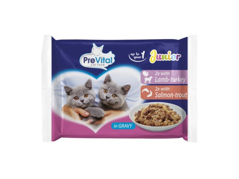 PREVITAL Cat Food Junior Mix Flavors with Lamb, Turkey, Salmon, Trout in Gravy – wet cat food – 4 x 100 g DLKPVTKAM0002 –  Храна за котки