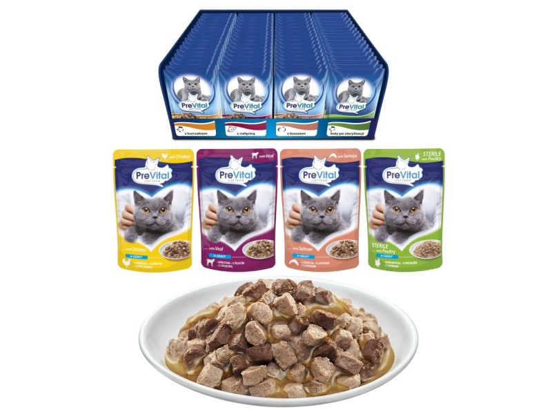 PREVITAL Cat Food Mix 4 Flavors Chicken, Veal, Salmon, Poultry – wet cat food – 96 x 100 g DLKPVTKAM0001 –  Храна за котки