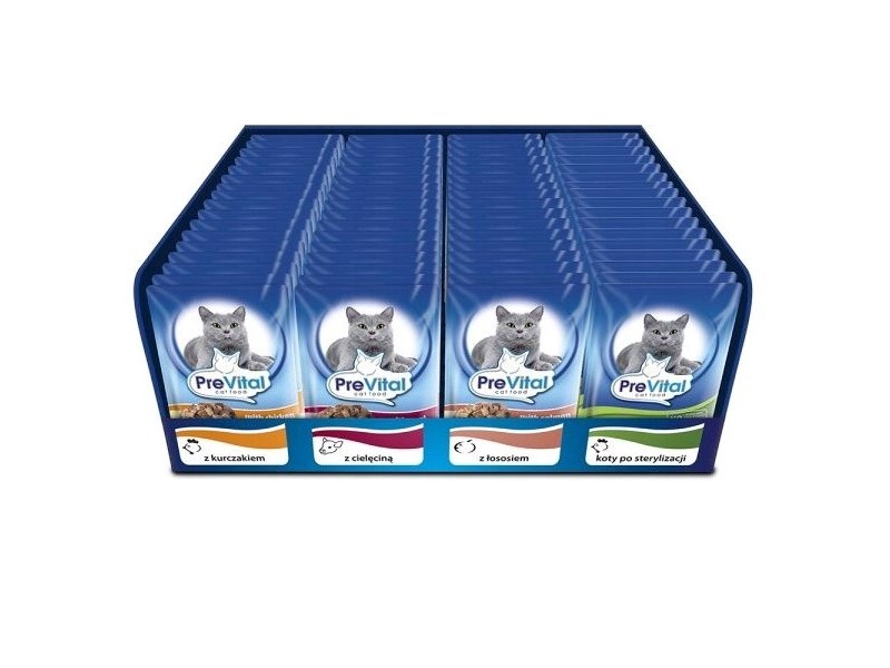 PREVITAL Cat Food Mix 4 Flavors Chicken, Veal, Salmon, Poultry – wet cat food – 96 x 100 g DLKPVTKAM0001 –  Храна за котки