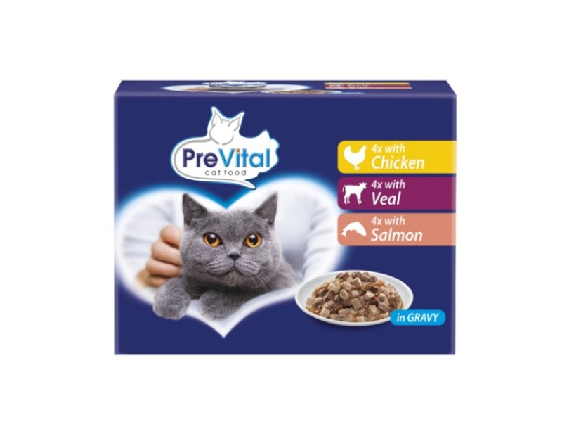 PREVITAL Cat Food Mix of Flavors Chicken, Veal, Salmon in Gravy - Wet Cat Food - 12 x 100g DLKPVTKAM0003 –  Храна за котки