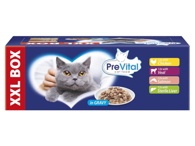 PREVITAL XXL BOX Flavor Mix with Chicken, Veal, Salmon, and Liver in Gravy - Wet Cat Food - 48 x 100g DLKPVTKAM0005 –  Храна за котки