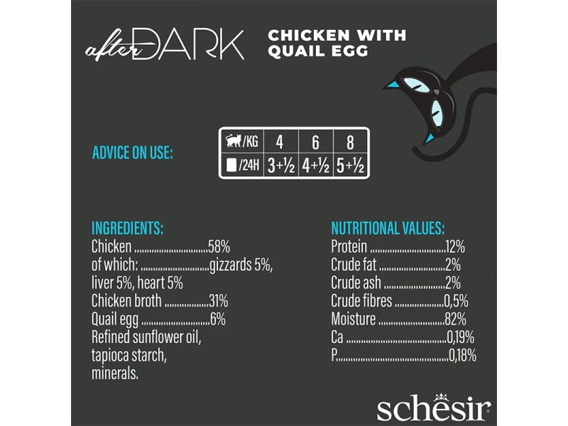 SCHESIR After Dark Chicken fillet with quail egg in broth - wet cat food - 80g DLKAPFKAM0066 – Agras Pet Foods Храна за котки