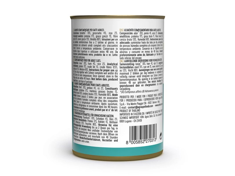 SCHESIR Tuna with ham in broth - wet cat food - 140g SCHESIR Tuna with ham in broth - wet cat food - 140g DLKAPFKAM0056 – Agras Pet Foods Храна за котки