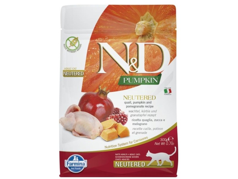 FARMINA N&D Pumpkin Cat Quail and Pomegranate Neutered Adult - dry cat food - 300 g PND0030015 – Farmina Храна за котки