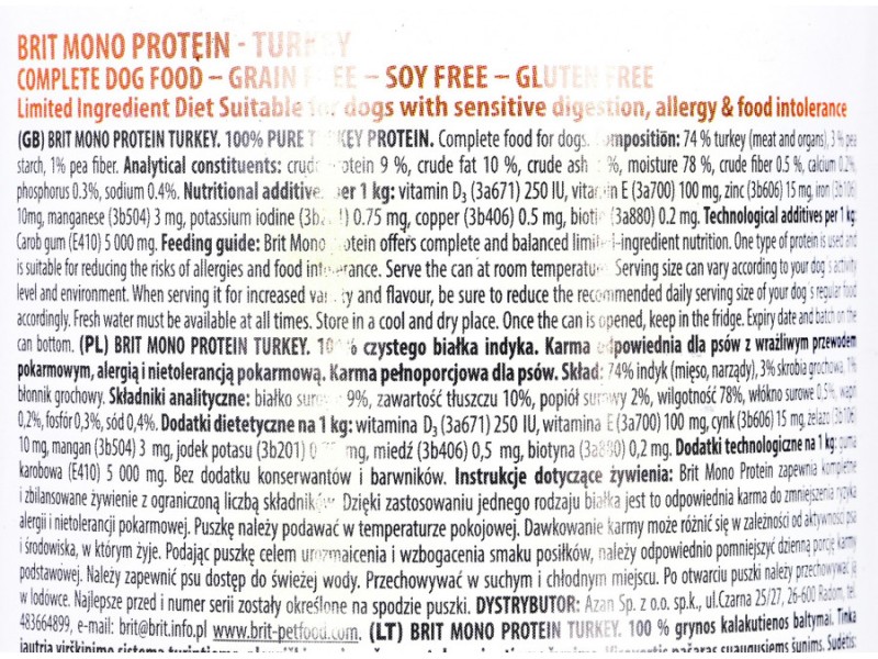 BRIT Mono Protein Turkey - Wet dog food - 400 g DLZRITKMP0062 – Brit Храна за кучета