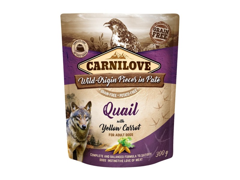 CARNILOVE Dog Pouch Quail & Yellow carrot  - wet dog food - 300g DLPCAVKAM0009 – CARNILOVE Храна за кучета