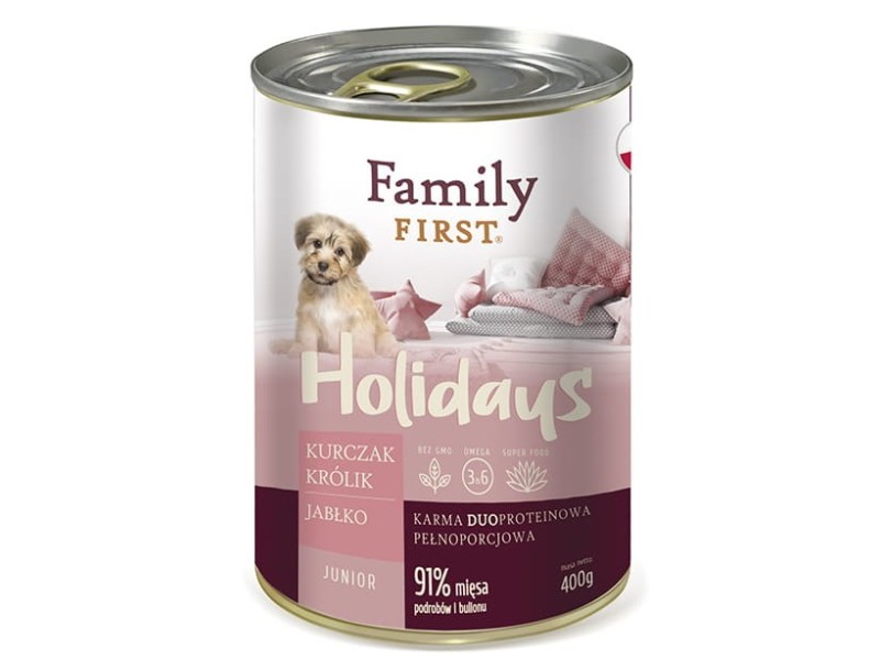 FAMILY FIRST Holidays Junior Chicken, rabbit, apple - Wet dog food - 400 g FAMILY FIRST Holidays Junior Chicken, rabbit, apple - Wet dog food - 400 g FF-19080 – Family FIRST Храна за кучета