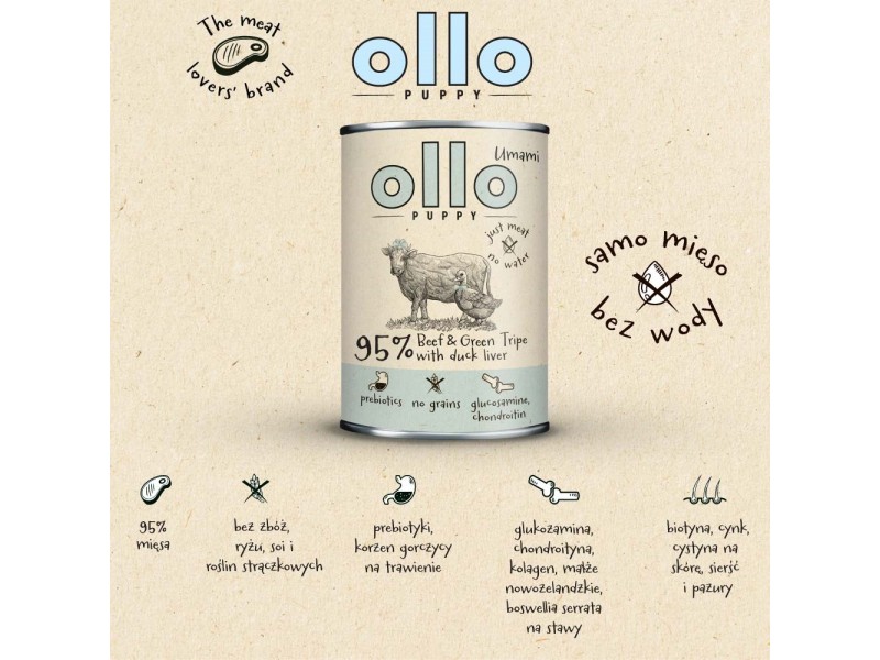 OLLO Puppy Umami Beef and Green Tripe with Duck Liver - wet dog food - 400g DLPOLLKAM0010 –  Храна за кучета