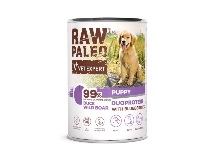 RAW PALEO Duoprotein Duck & Boar Puppy - wet dog food - 400g DLPVEEKAM0032 – VetExpert Храна за кучета