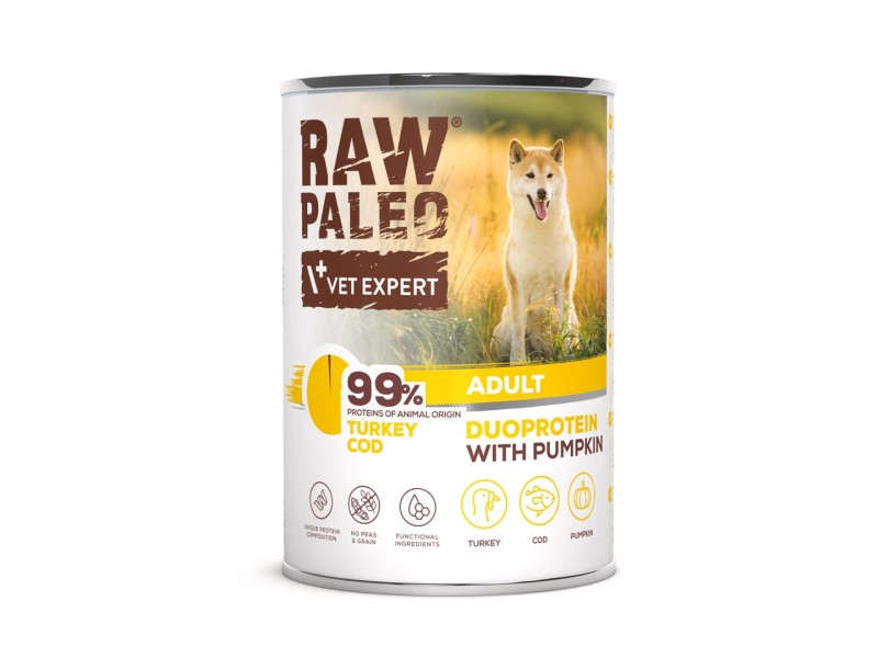 RAW PALEO Duoprotein Turkey & Cod Adult - wet dog food - 400g DLPVEEKAM0033 – VetExpert Храна за кучета