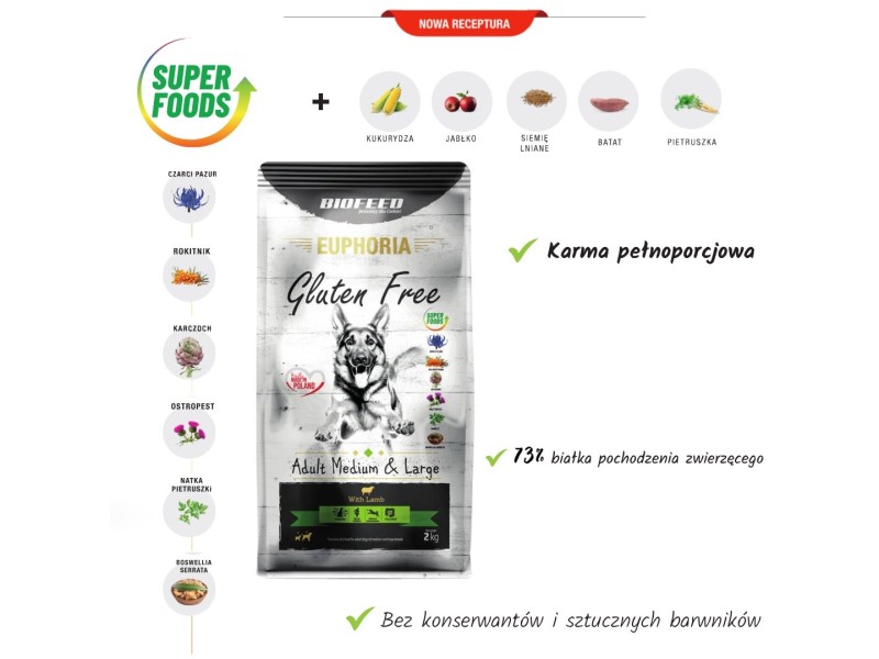 BIOFEED Euphoria Gluten Free Adult medium & large Lamb - dry dog food - 12kg DLPBFDKAS0053 – BIOFEED Храна за кучета