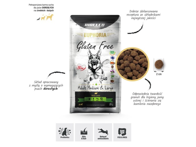 BIOFEED Euphoria Gluten Free Adult medium & large Lamb - dry dog food - 12kg DLPBFDKAS0053 – BIOFEED Храна за кучета