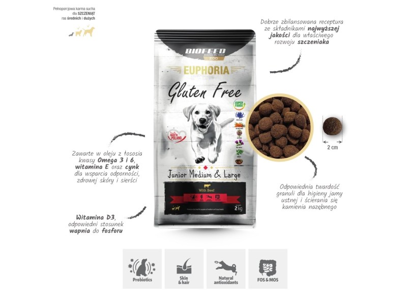 BIOFEED Euphoria Gluten Free Junior medium & large Beef - dry dog food - 2kg DLPBFDKAS0046 – BIOFEED Храна за кучета