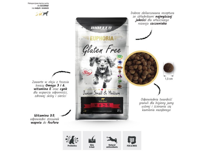 BIOFEED Euphoria Gluten Free Junior small & medium Beef - dry dog food - 12kg DLPBFDKAS0045 – BIOFEED Храна за кучета