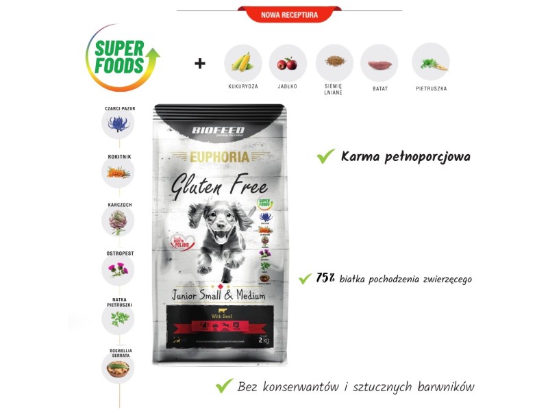BIOFEED Euphoria Gluten Free Junior small & medium Beef - dry dog food - 12kg DLPBFDKAS0045 – BIOFEED Храна за кучета