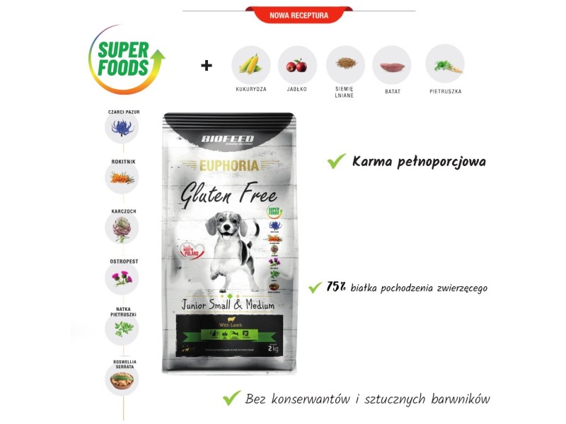 BIOFEED Euphoria Gluten Free Junior small & medium Lamb - dry dog food - 12kg DLPBFDKAS0039 – BIOFEED Храна за кучета