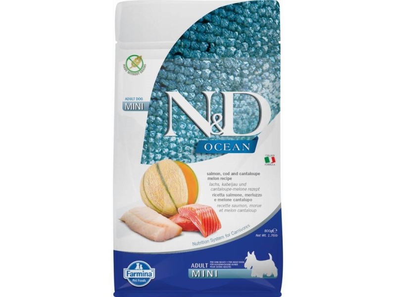 FARMINA N&D Ocean Dog Salmon, Cod, Cantaloupe, Melon Adult Mini - dry dog food - 800 g PND0080076 – Farmina Храна за кучета
