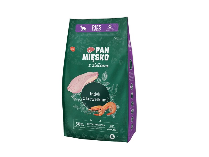 PAN MIĘSKO with herbs Turkey with shrimps - dry dog food - 9kg DLSPMIZWI0007 – PAN MIĘSKO Храна за кучета