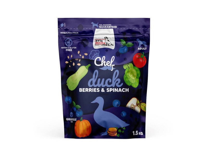 SYTA MICHA Chef Duck, berries and spinach - dry dog food - 1,5kg SYTA MICHA Chef Duck, berries and spinach - dry dog food - 1,5kg DLPSMHKAS0011 – SYTA MICHA Храна за кучета