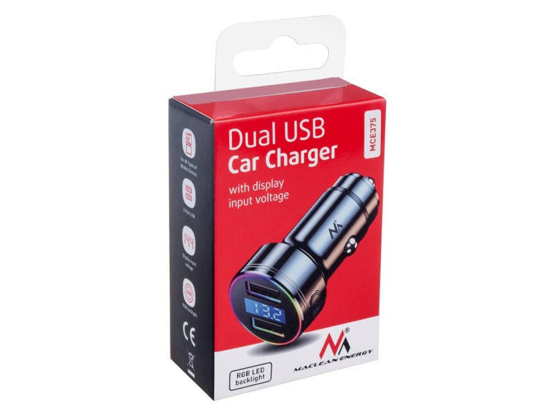 Maclean MCE375 Dual Car Charger with Display Cigarette Lighter Socket Aluminum Voltmeter USB 1x QC 3.0, USB 1x 5V/2.4A, RGB LED MCE375 – Maclean Авто електроника