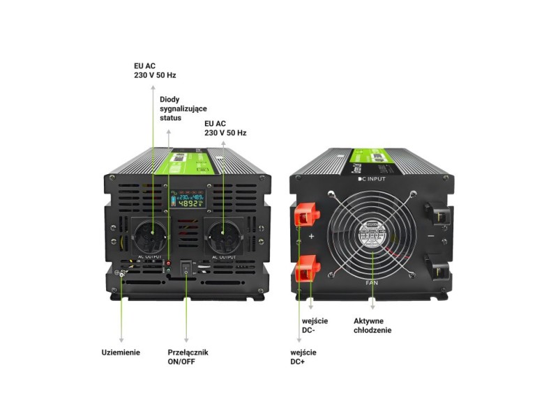 Green Cell Przetwornica napicia PowerInverter LCD 48 V 5000W/10000W Przetwornica samochodowa z wywietlaczem - czysty sinus 10 kVA Black INVGC48P5000LCD – Green Cell Инвертори фотоволтаични системи