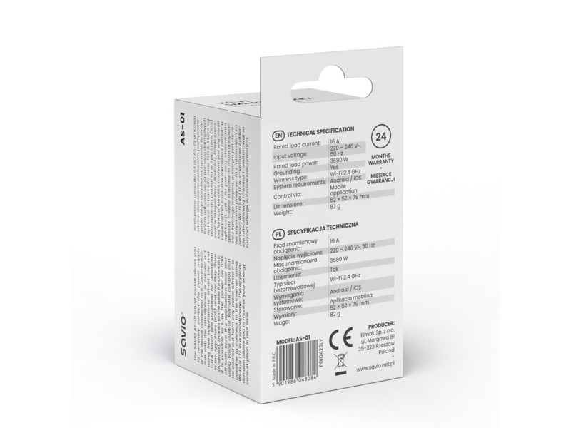 SAVIO WI-FI smart socket, 16A, AS-01, White AS-01 – SAVIO Smart home