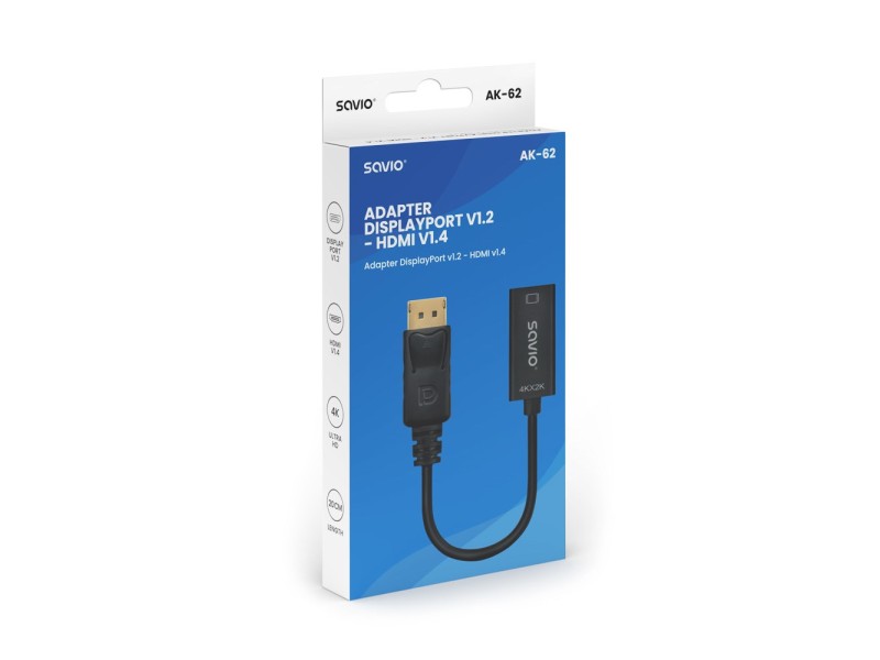 Adapter Savio DisplayPort (M) v1.2 - HDMI A (F) v1.4, 4K, AK-62 AK-62 – SAVIO Адаптери