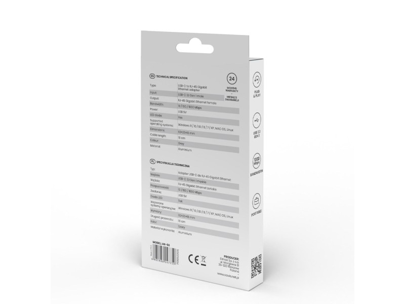 SAVIO Adapter USB-C 3.1 Gen.1 (M) to RJ-45 Gigabit Ethernet (F), 1000 Mbps, AK-56, grey AK-56 – SAVIO Адаптери