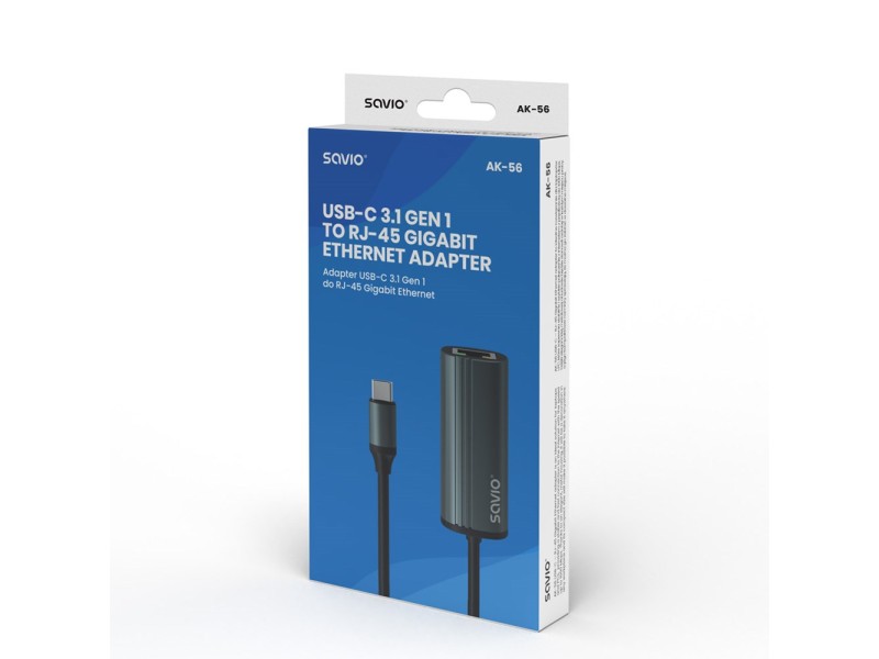 SAVIO Adapter USB-C 3.1 Gen.1 (M) to RJ-45 Gigabit Ethernet (F), 1000 Mbps, AK-56, grey AK-56 – SAVIO Адаптери