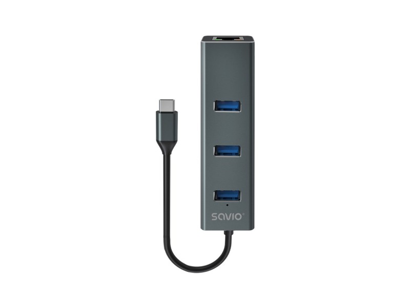 Savio AK-57 USB-C - 3 x USB-A HUB with RJ-45 Gigabit Ethernet adapter, 5000 Mbit/s, grey AK-57 – SAVIO Адаптери