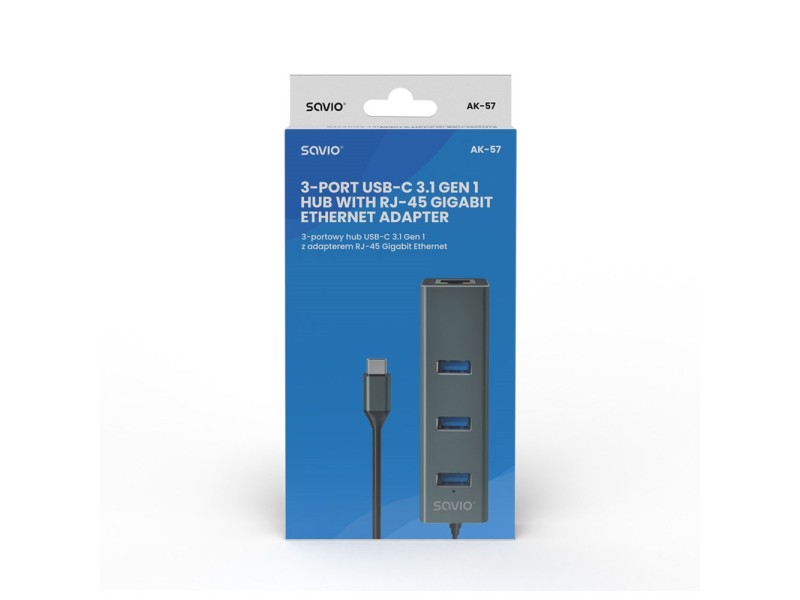Savio AK-57 USB-C - 3 x USB-A HUB with RJ-45 Gigabit Ethernet adapter, 5000 Mbit/s, grey AK-57 – SAVIO Адаптери