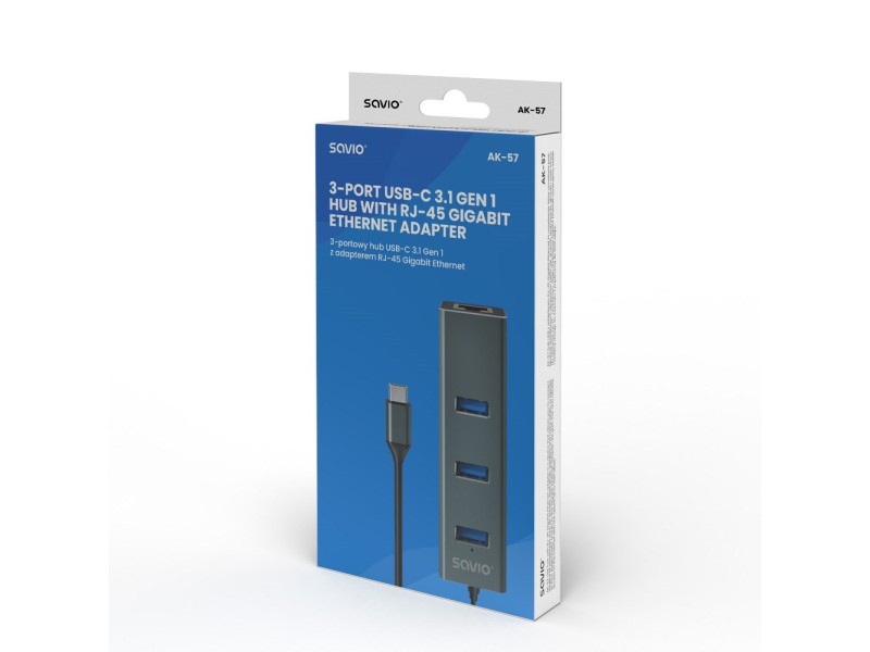 Savio AK-57 USB-C - 3 x USB-A HUB with RJ-45 Gigabit Ethernet adapter, 5000 Mbit/s, grey AK-57 – SAVIO Адаптери