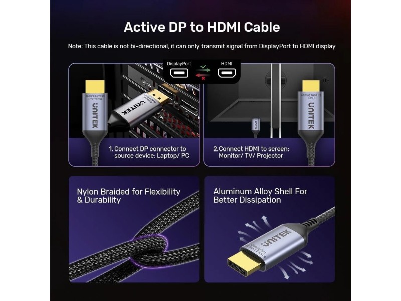 UNITEK CABLE DISPLAYPORT 1.4 TO HDMI 2.1, 8K, 1.8M V1610A01 – UNITEK HDMI кабели