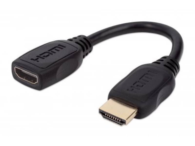 Manhattan HDMI with Ethernet Extension Cable, 4K@60Hz (Premium High Speed), Male to Female, Cable 20cm, Black, Ultra HD 4k x 2k, Fully Shielded, Gold Plated Contacts, Lifetime Warranty, Polybag 354523 – Manhattan HDMI кабели