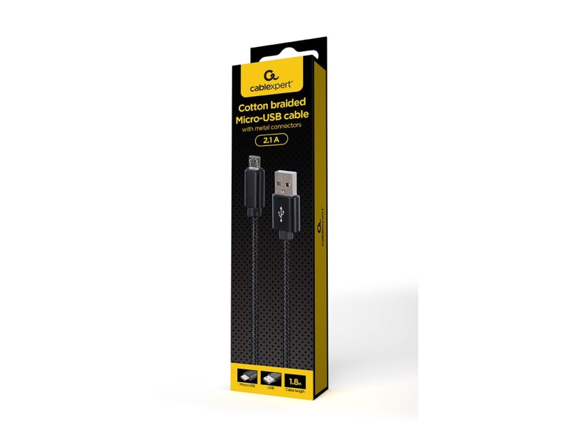 Gembird CCDB-mUSB2B-AMBM-6 Cotton braided Micro-USB cable with metal connectors, 1.8 m, black CCDB-mUSB2B-AMBM-6 – GEMBIRD Кабели, адаптери, хъбове
