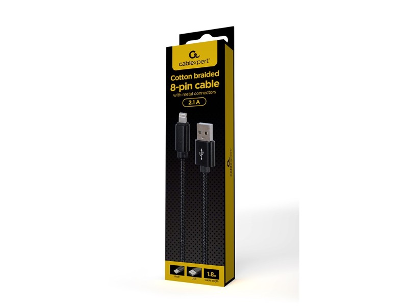 Gembird CCDB-mUSB2B-AMLM-6 Cotton braided 8-pin cable with metal connectors, 1.8 m, black CCDB-mUSB2B-AMLM-6 – GEMBIRD Кабели, адаптери, хъбове