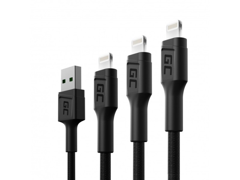 Green Cell Set 3x Ray Lightning Cable 30cm, 120cm, 200cm with white LED backlight, fast charging Apple 2.4A KABGCSET04 – Green Cell Кабели, адаптери, хъбове