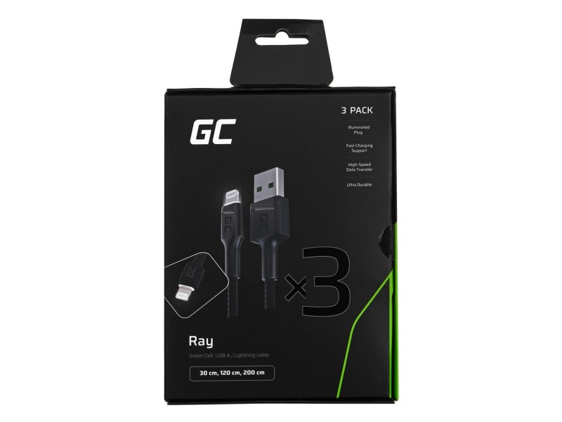 Green Cell Set 3x Ray Lightning Cable 30cm, 120cm, 200cm with white LED backlight, fast charging Apple 2.4A KABGCSET04 – Green Cell Кабели, адаптери, хъбове