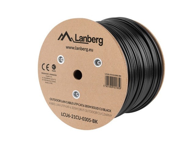 Lanberg LCU6-21CU-0305-BK networking cable Black 305 m Cat6 U/UTP (UTP) outdoor LCU6-21CU-0305-BK – Lanberg  Кабели, жакове и букси