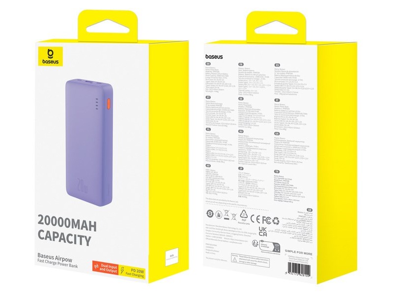 Baseus Airpow PPAP20K Lithium Polymer (LiPo) 20000 mAh Violet Baseus Airpow PPAP20K Lithium Polymer (LiPo) 20000 mAh Violet P10022804513-00 – Baseus Външни батерии