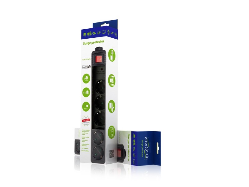 Gembird SPG5-C-10 surge protector Black 5 AC outlet(s) 250 V 3 m SPG5-C-10 – ENERGENIE Разклонители